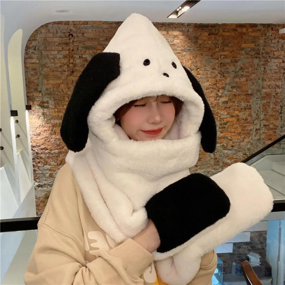 Sanrio Hello Kitty Pochacco Cute Hooded Plush Scarf Thick Warm Cartoon Plush Gloves, Hat and Scarf All In One Kawaii Kitty Scarf