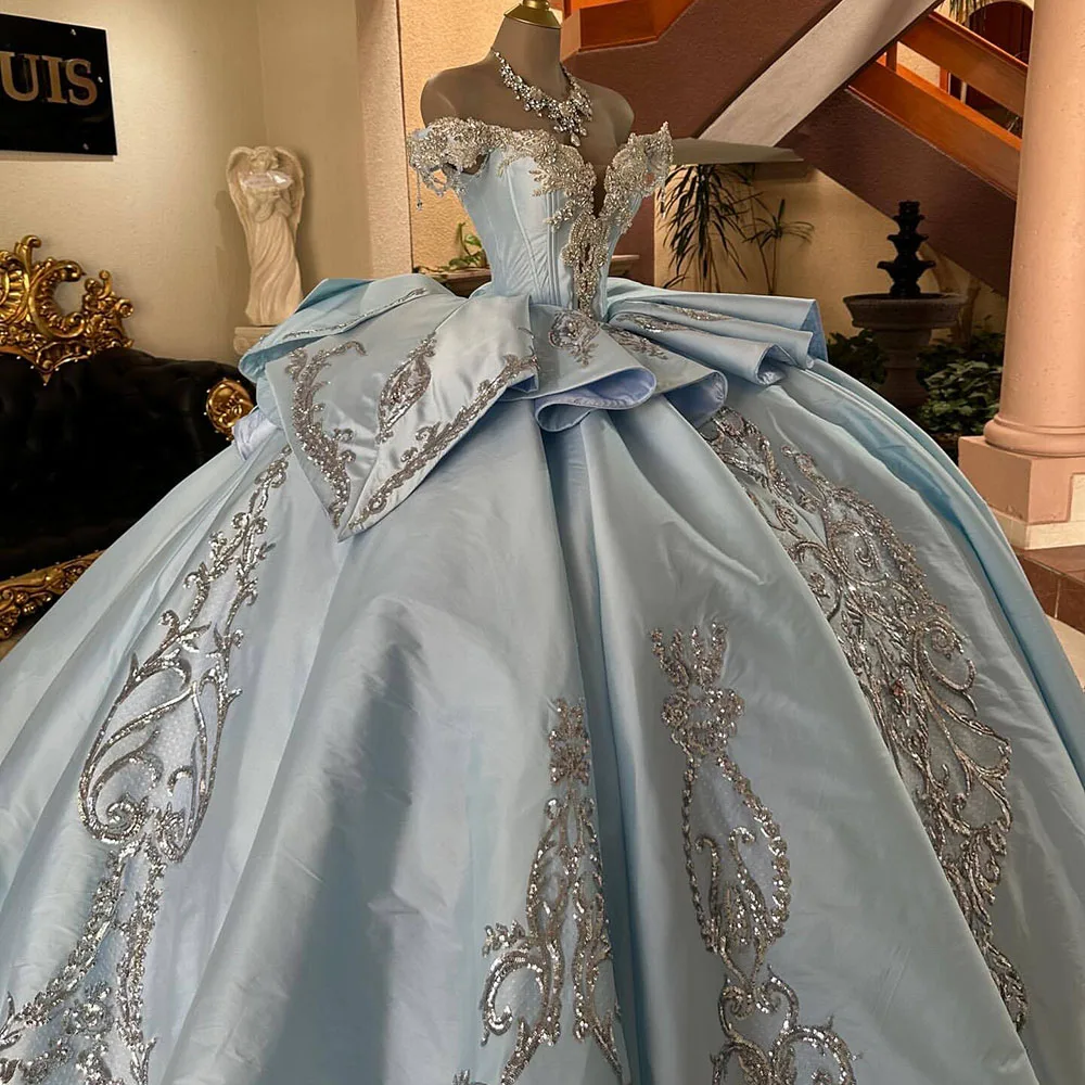 

Light Blue Charro Quinceanera Dresses Lace Applique Mexican Princess Birthday Party Dress Sweet Corset Females Customized