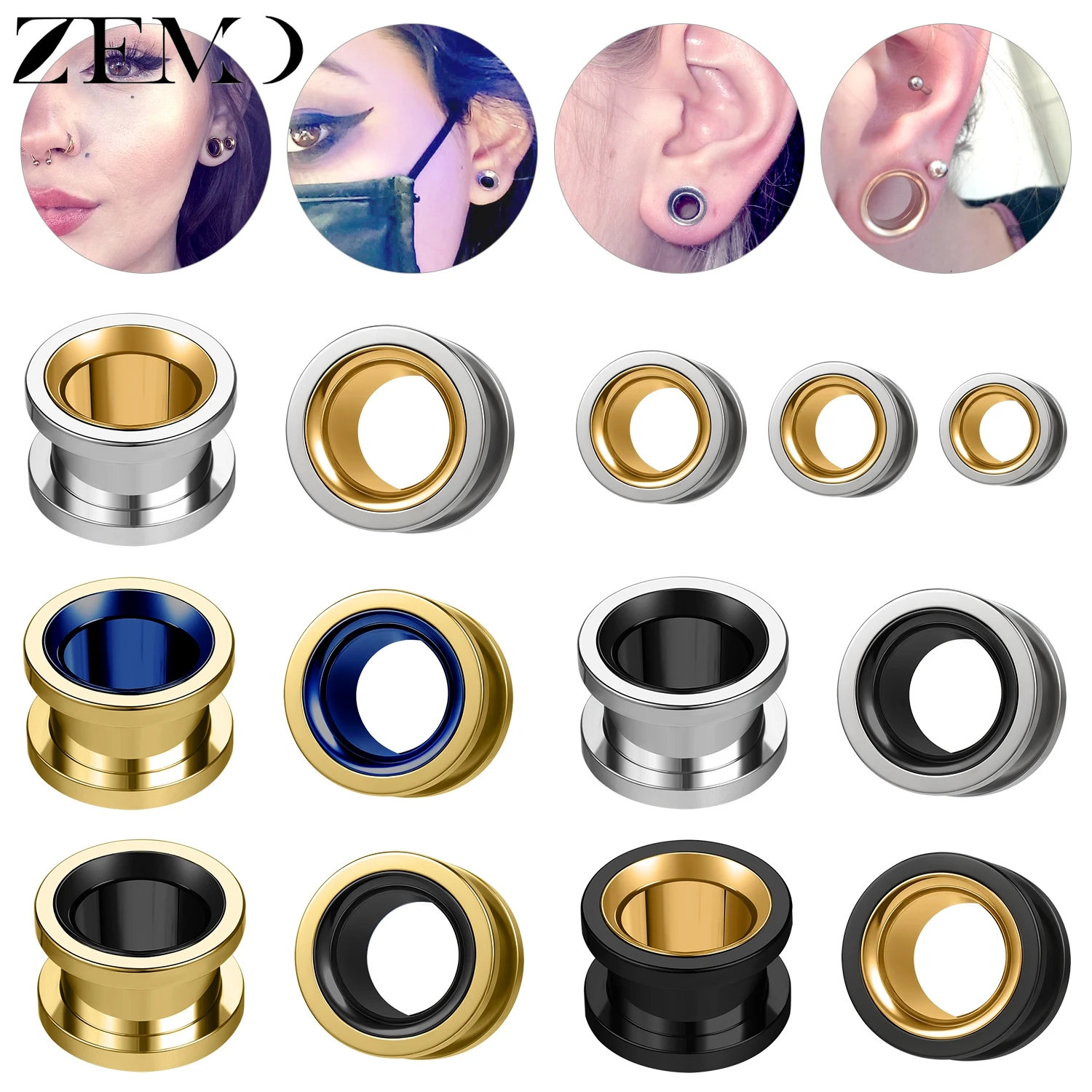 ZEMO 1 Piece Punk Stainless Steel Ear Plug And Tunnel Men Women Ear Strecher Expander Double Flared Large Gauges Body Piercings
