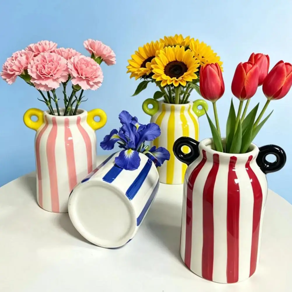 Ceramic Striped Flower Vase with Dual Handles, Hand Painted Small Decorative Vase for Flower, Pampas Grass, Wide Mouth Bud Vase