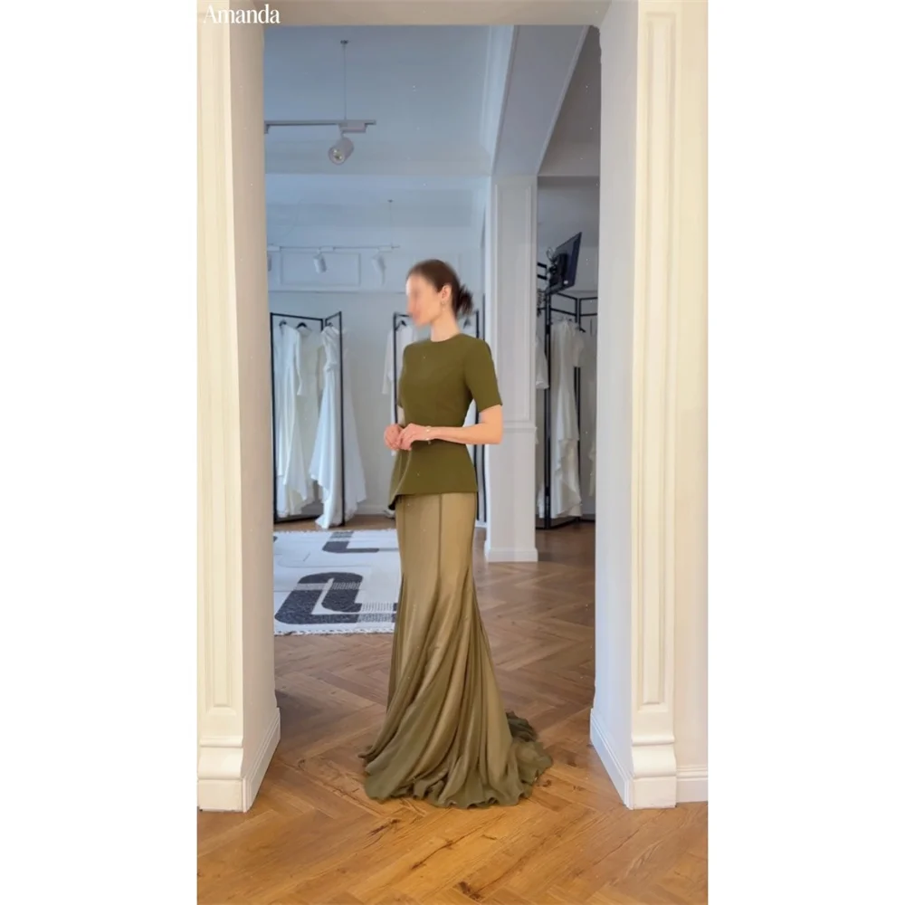 Amanda Customizd Two‑piece O-neck Short sleeves Mermaid dresses Evening gown Chiffon Sweep Train Elegant Women's dress Prom gown