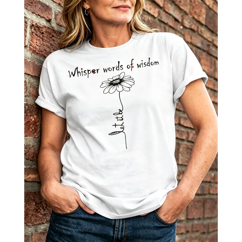 ilstile New Women's Let It Be Whisper Words Of Wisdom Print T-Shirts Short Sleeve O Neck Summer Tops Hippie Flowers Tees