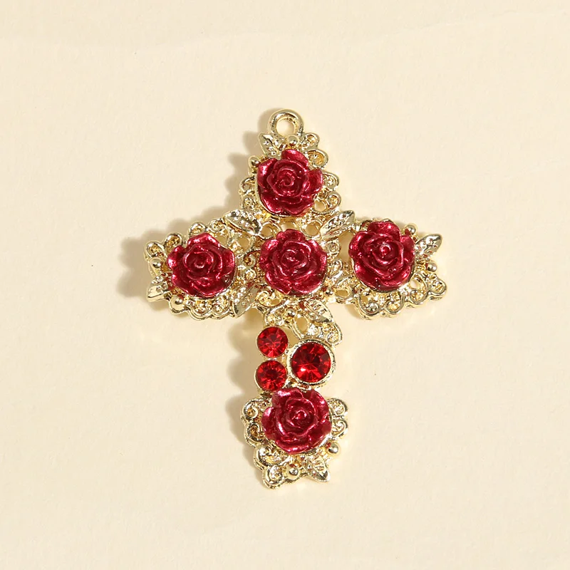 4pcs Gold Color 37x29mm Beautiful Rose Flower Cross Charms Enamel Pendant Fit Necklaces DIY Handmade Jewelry Making Supplies