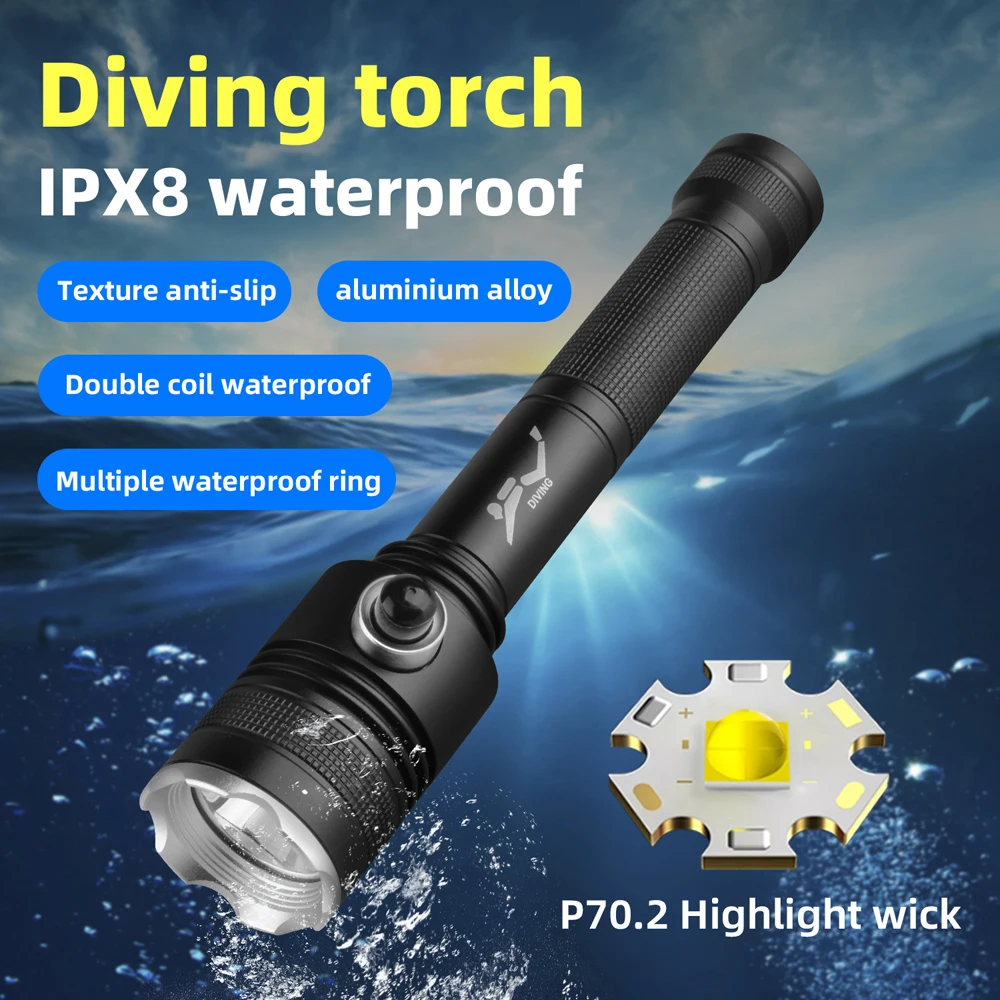 5000LM LED Scuba Diving Flashlight IPX8 Underwater Waterproof 100M Professional Diving Torch XHP70 Lighting Spearfishing Lantern