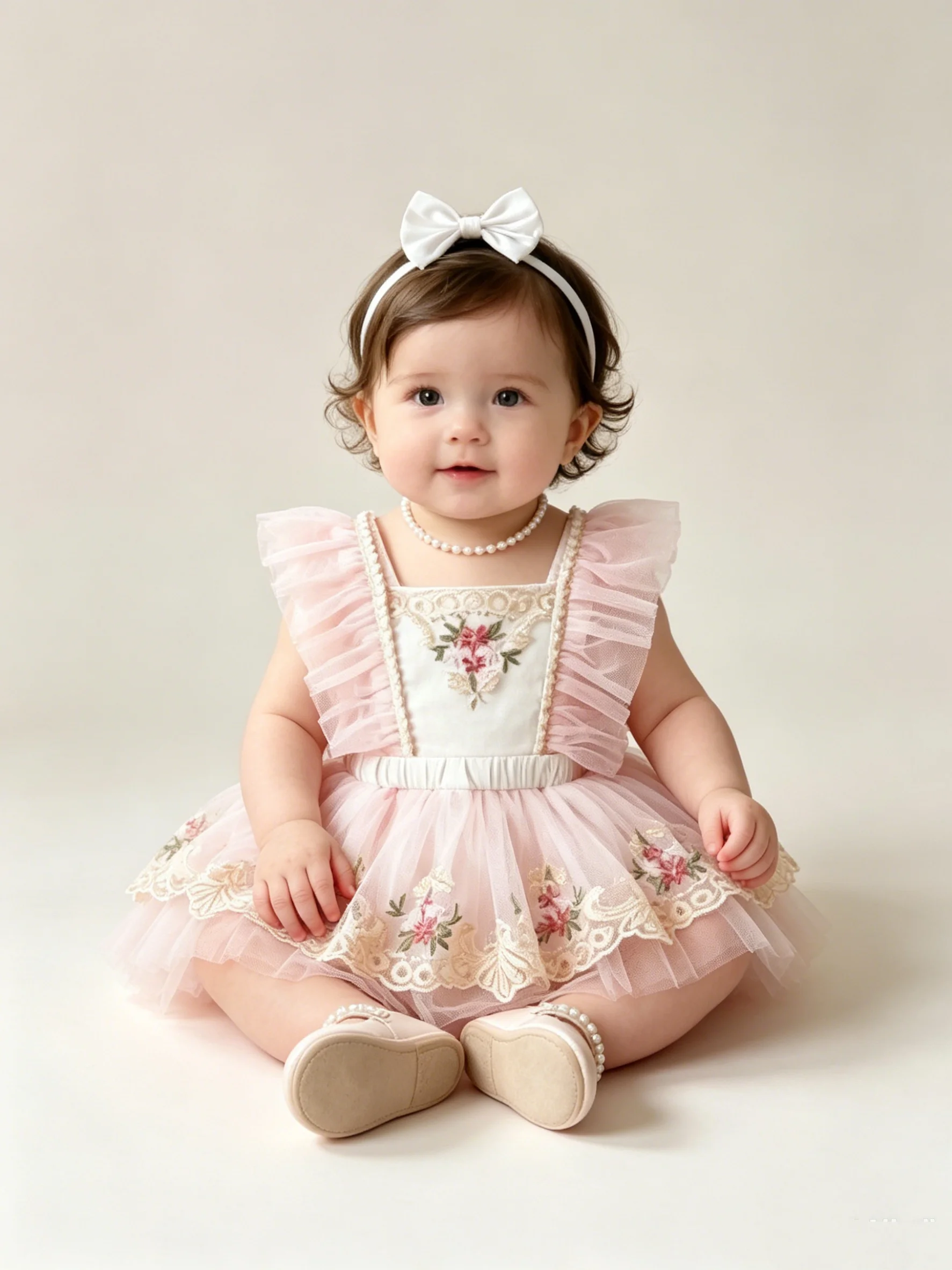 Summer Mesh Lace Embroidered Pearl Flying Sleeve Jumpsuit For Baby Girls, One Hundred Day Birthday Party Climbing Suit