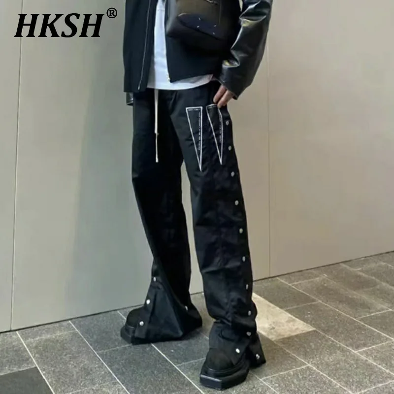 HKSH Spring Autumn Men\'s Dark RO Buckle Straight Loose Wide Leg Casual Pants Women Chic Streetwear Elastic Waist Trousers HK2301