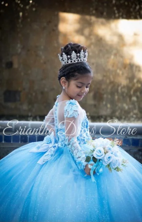 Sky Blue Flower Girl Dress For Wedding Tulle Puffy Applique Full Sleeve With Bow Birthday Party First Communion Gown Customized