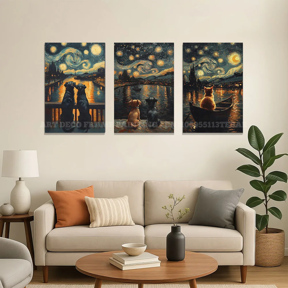 Starry Night Sky Animal Canvas Poster Cat Dog Watching Stars Moon Wall Art Painting Kids Room Baby Bedroom Home Decor Gift