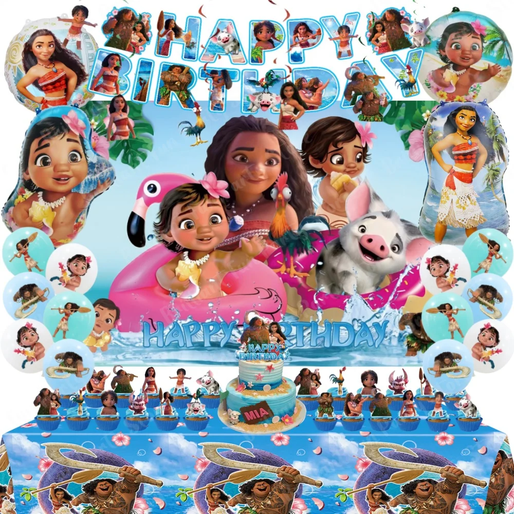 Juego de 2 decoraciones de cumpleaños de Moana de Disney, globos temáticos de Moana, pancarta, adorno para pastel, fondo colgante con remolino, mantel, suministros para fiestas