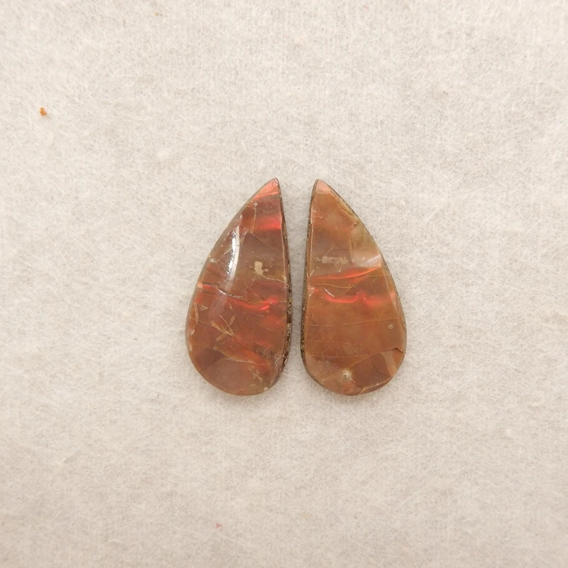 Polished Ammonite Stone Teardrop Pair Iridescent Red-Brown Gemstone Jewelry Components for DIY Accessories 28x14x4mm-3.9g