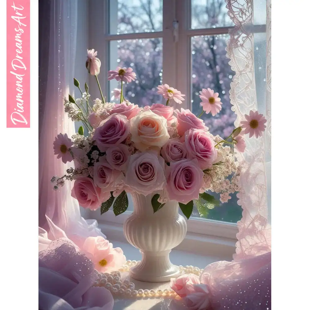 5D Rosen-Vase Diamant-Malerei Spitzenvorhänge Fenster Neuheiten 2025 Diamant-Mosaik Heimdekoration Handgemachtes Geschenk, Rahmenlos