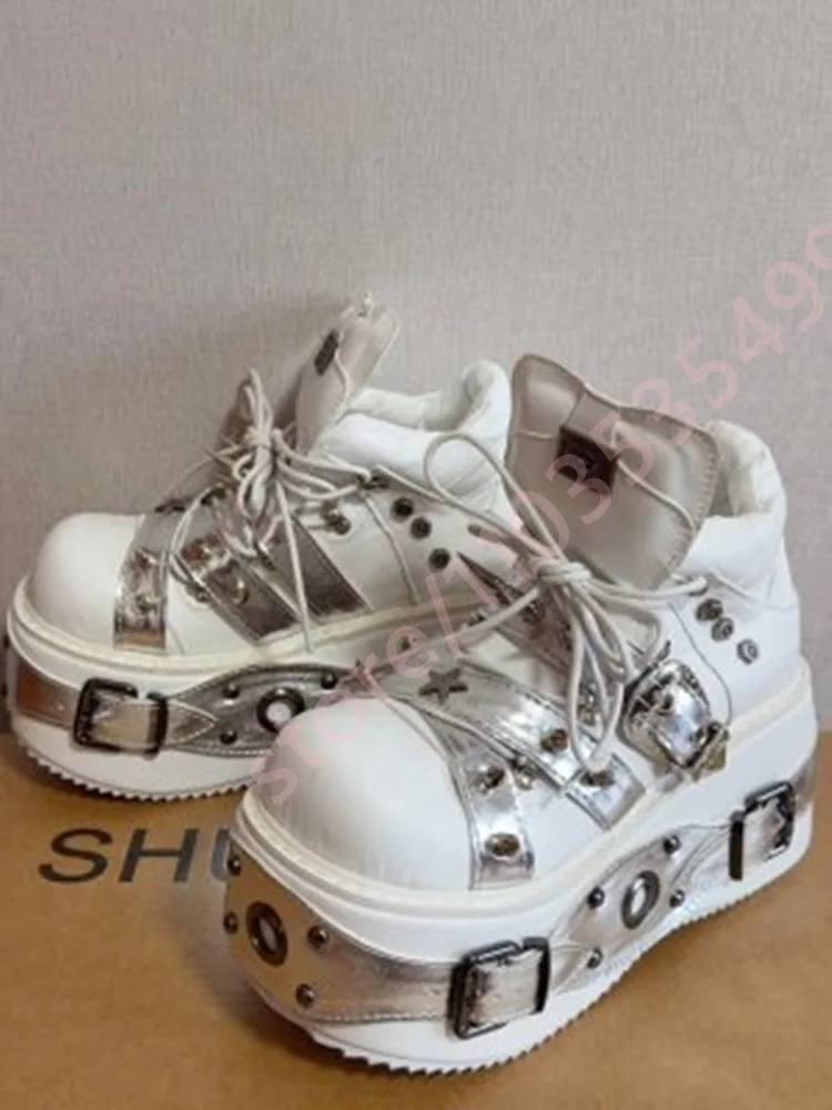 2026 White Silver Punk Platform Ankle Boots Women Spiked Rivet Buckle Lace Up Gothic Y2K Street Style Chunky High Top Shoes view 5
