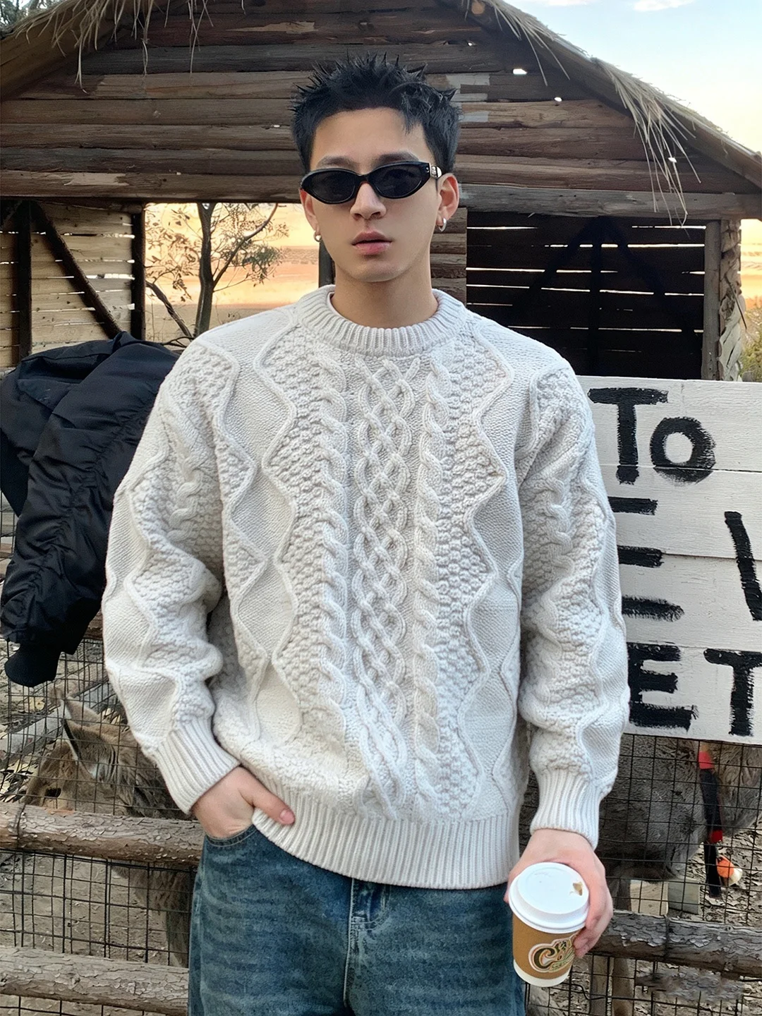 

Мужской вязаный свитер American Style: мягкий, толстый, с круглым вырезом, для ношения под одеждой, свободного кроя, зимний, повседневный, комфортный, с узором «косы»