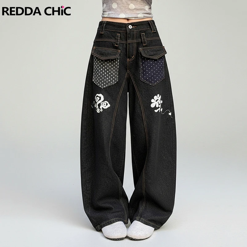 

Джинсы-бойфренды REDDACHiC с граффити для женщин, в стиле хип-хоп, повседневные, с карманами в горошек, с низкой посадкой, широкие брюки-трубы, винтажный уличный стиль