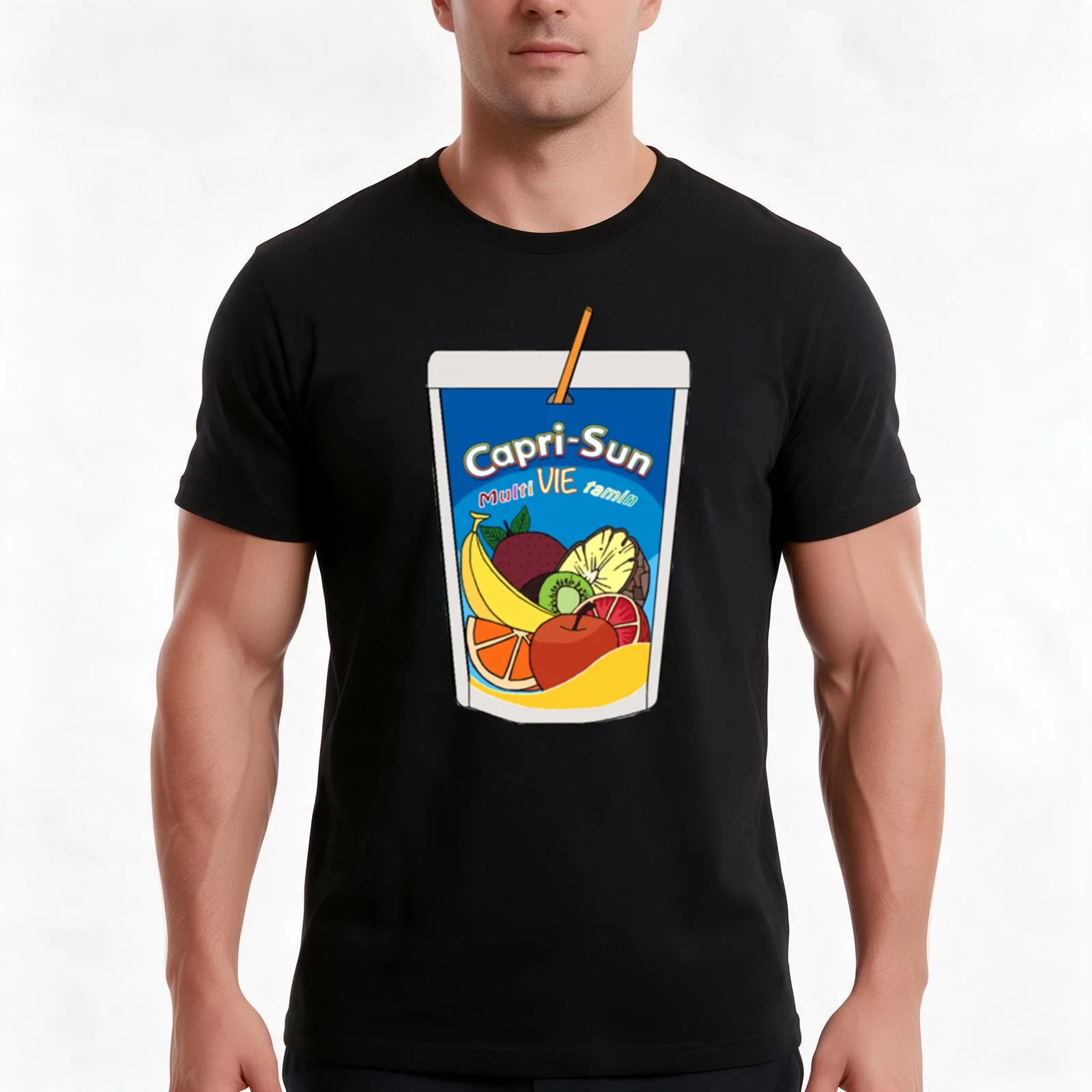 Capri-Sun VIE premium échancré T-Shirt, Summer Casual Cotton Tee, Oversized Streetwear Tops, Vintage Graphic Print, 100% Cotton