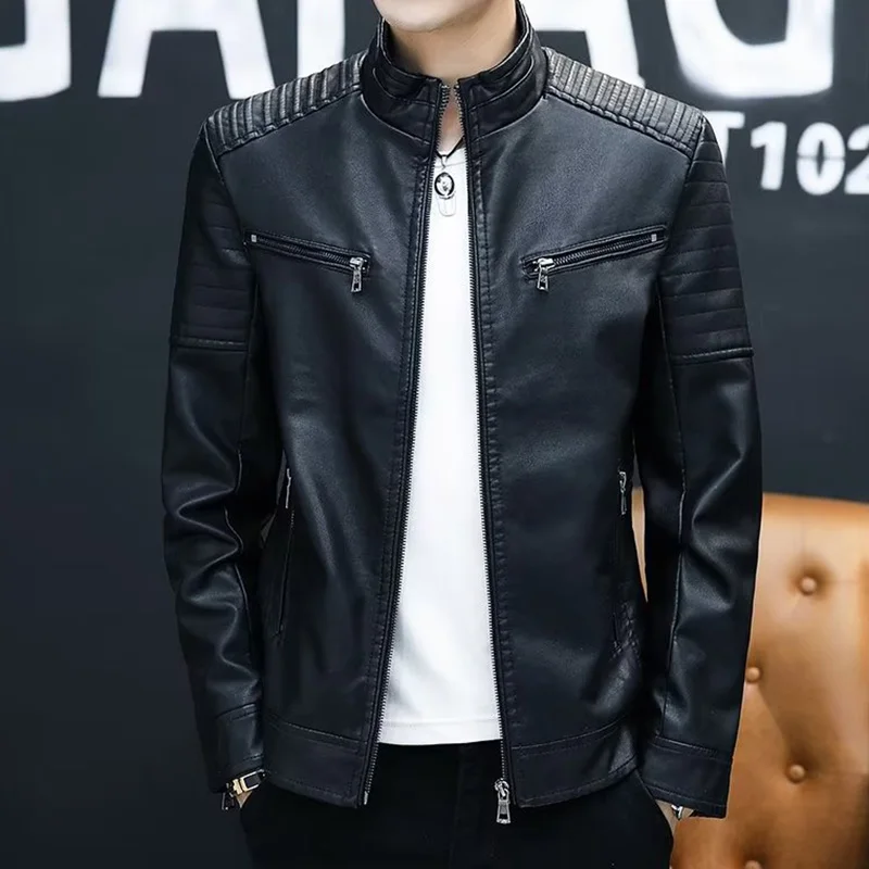 2026 Men's Leather Jacket with Thin Velvet Business Leisure Motorcycle Warm Top Autumn/Winter Black Brown PU Material