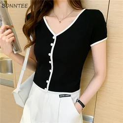Knitted Short Sleeve T-shirts Women Casual Button Patchwork Design Vintage Slim Crop Tops Summer V-neck Fashion Korean Clothes