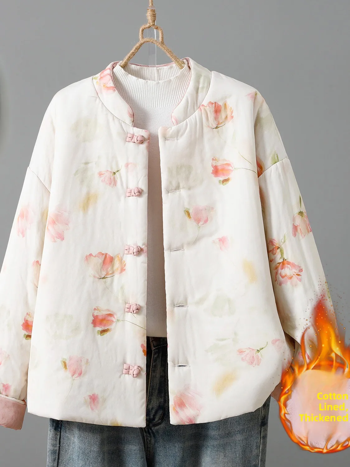 

New Chinese Sle Two-Way Wear Cotton Jaet Handmade Buttoned Cotton Flannel Women's Winter ort Printed Cotton Coat