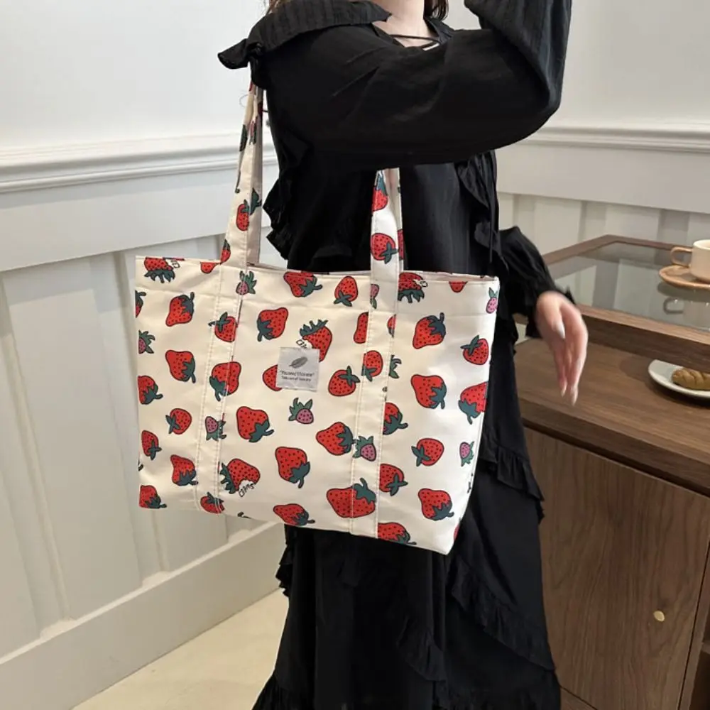 Casual Strawberry Cherry Tote Bag Printing Aesthetic Large Capacity Shopping Bag Korean Style Grocery Bag Nylon Handbag Outdoor