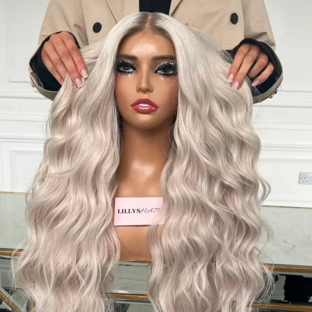 

Роскошные белые блондинки передние кружевные парики Ombre Длинные свободные проборы Глубокие волны Синтетические кружевные верхние парики распродажа 26 дюймов