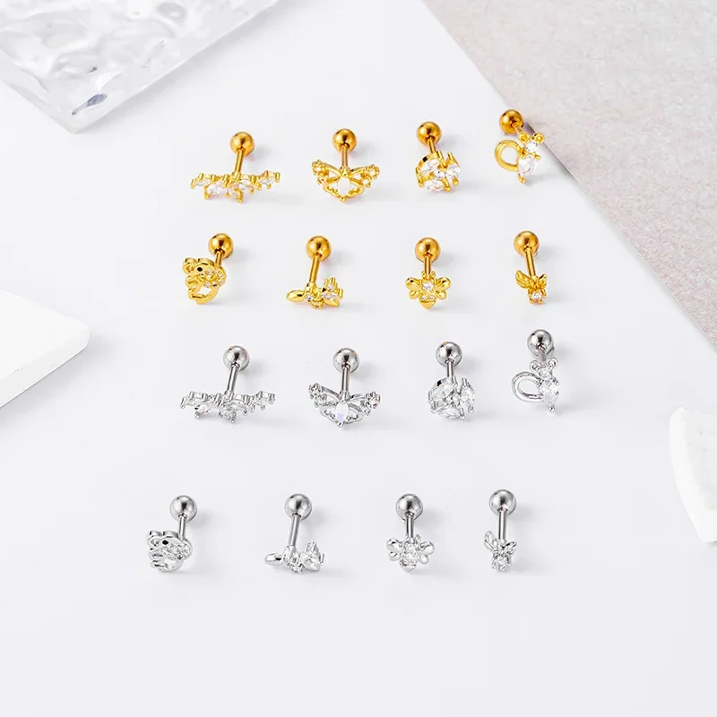 1Piece Thick Rod Piercing Stainless Steel Earring for Women Earring Jewelry Elephant Bee Shape Zircon Stud Earrings for Teens