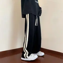 Sports Pants for Men in Spring Summer New Striped Patchwork Loose Drawstring All-match Straight Pants Trend Casual Men Clothing