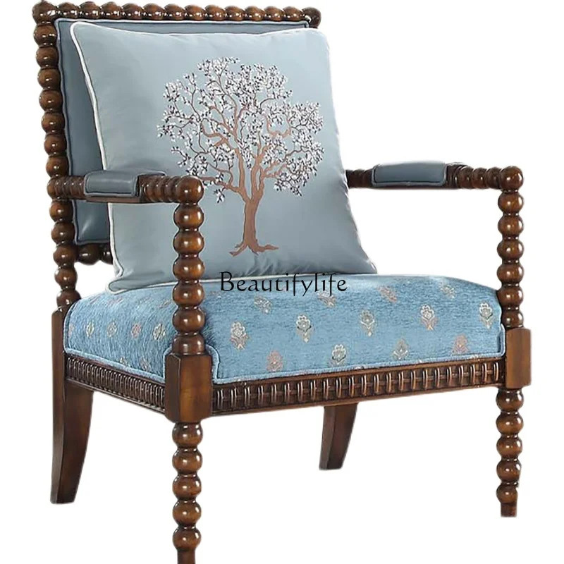 

American Single Sofa Leather Back Chair Living Room Solid Wood Fabric casual Chair European Style
