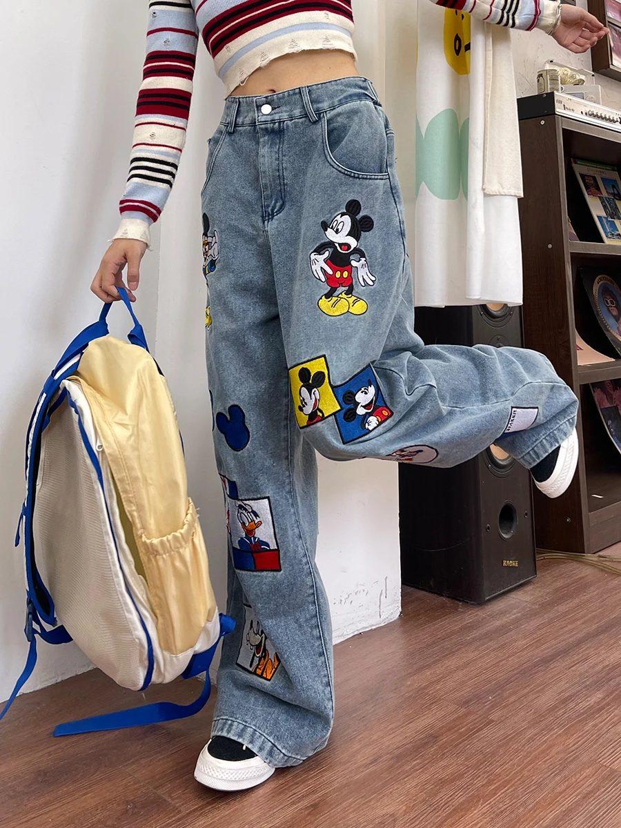 Funny Cartoon Embroidered Jeans for Women 2024 Spring New Loose American Fashion Brand Wide Leg Trousers Blue Jeans