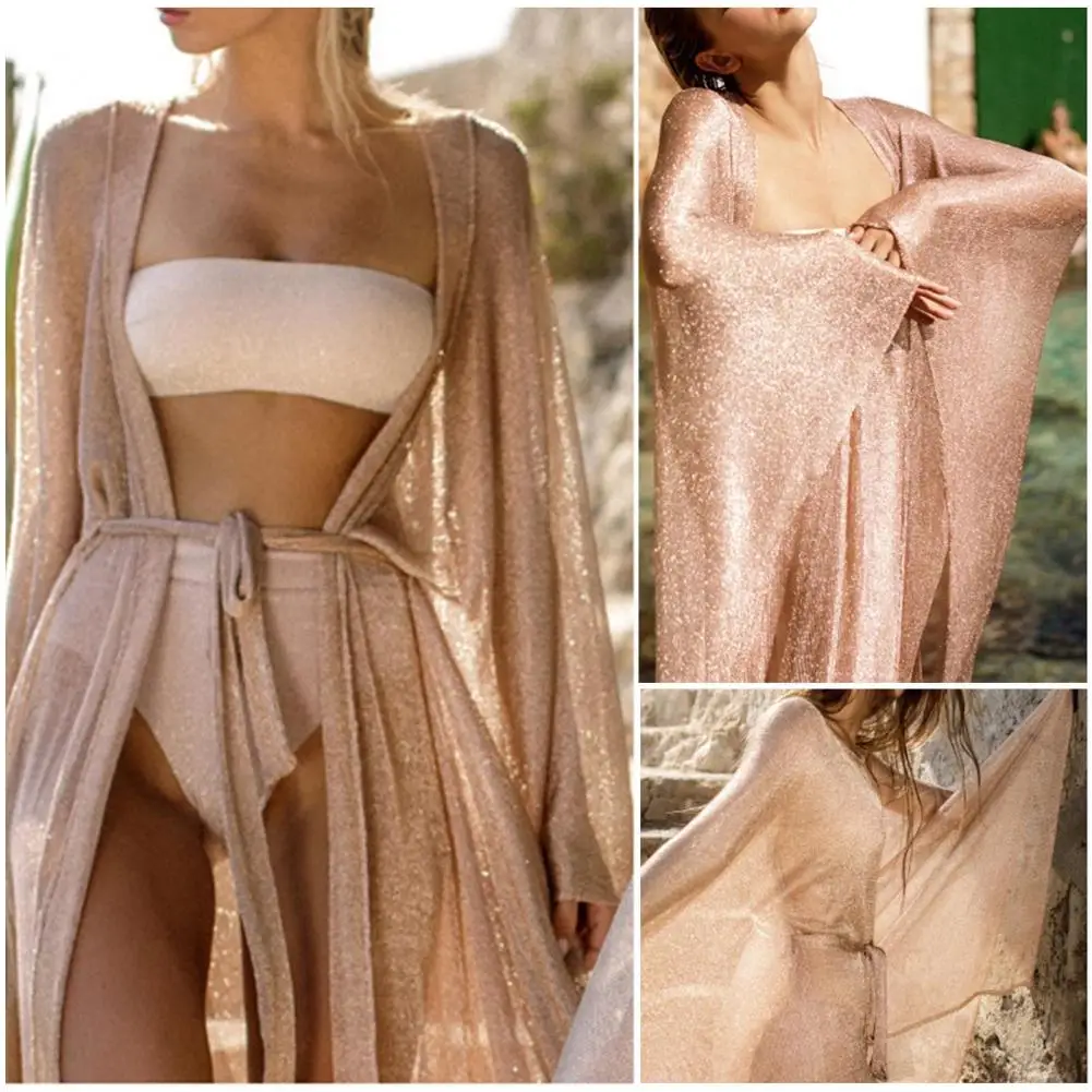 Long Sleeve Sun Protection Swimsuit Cardigan Belt Shine Mesh Sexy Bikini Cover Up Beach Quick Dry Lightweight Sheer