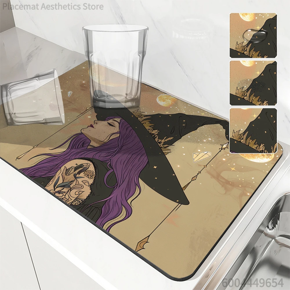 Coffee Tablewear Drain Pad Halloween Moon Bathroom Square Absorbing Anti-slip Dry Mat  Placemat Dishes Cup Splash Proof Drainer
