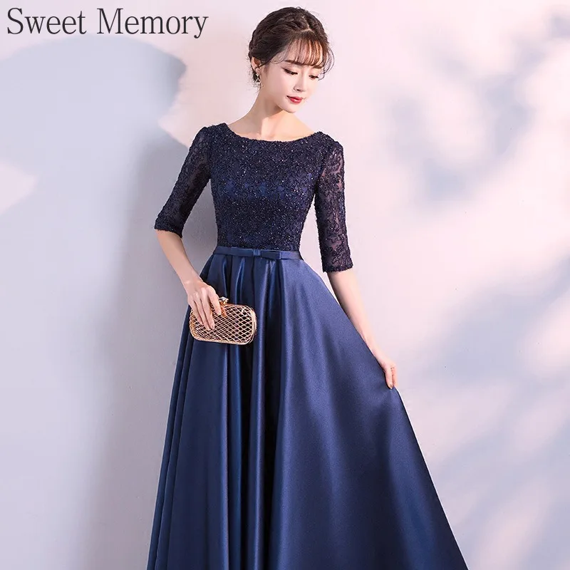 D495 gaun malam biru dongker kustom elegan Satin A Line memori manis gaun tamu pernikahan Formal wanita gaun pesta Prom