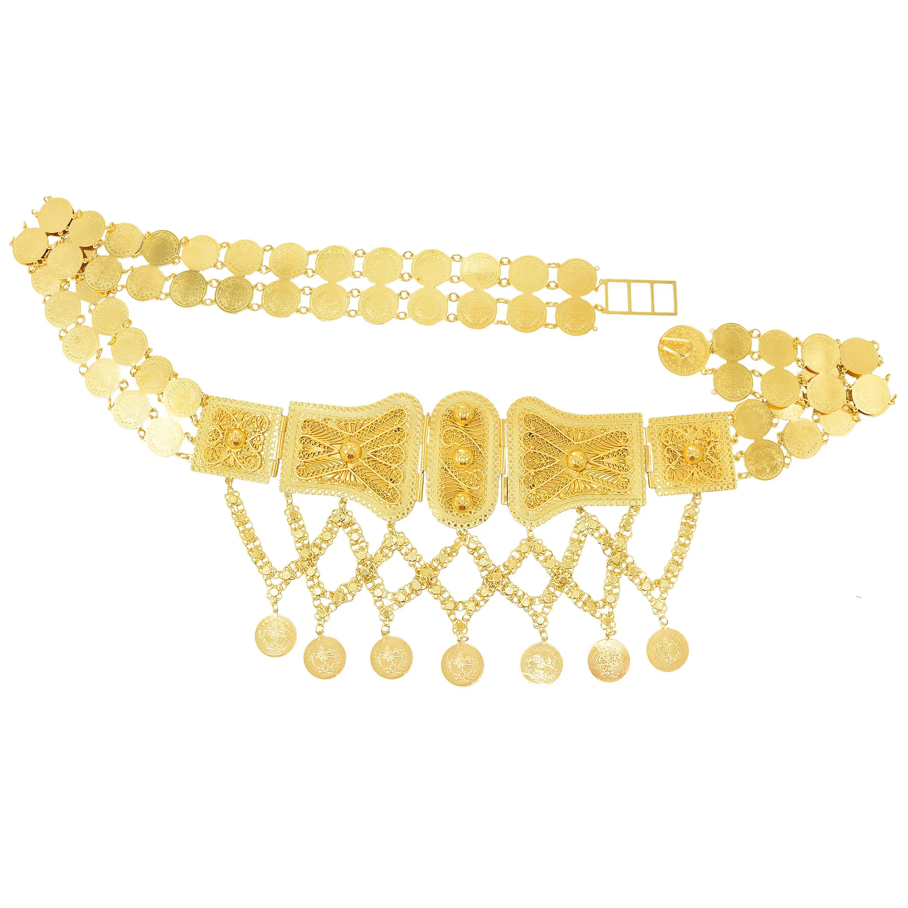 Indian Arab Metal Waist Chain Large French Coin Waist Belt Carved Flower Belly Chains Algeria Traditional Holiday Party Jewelry