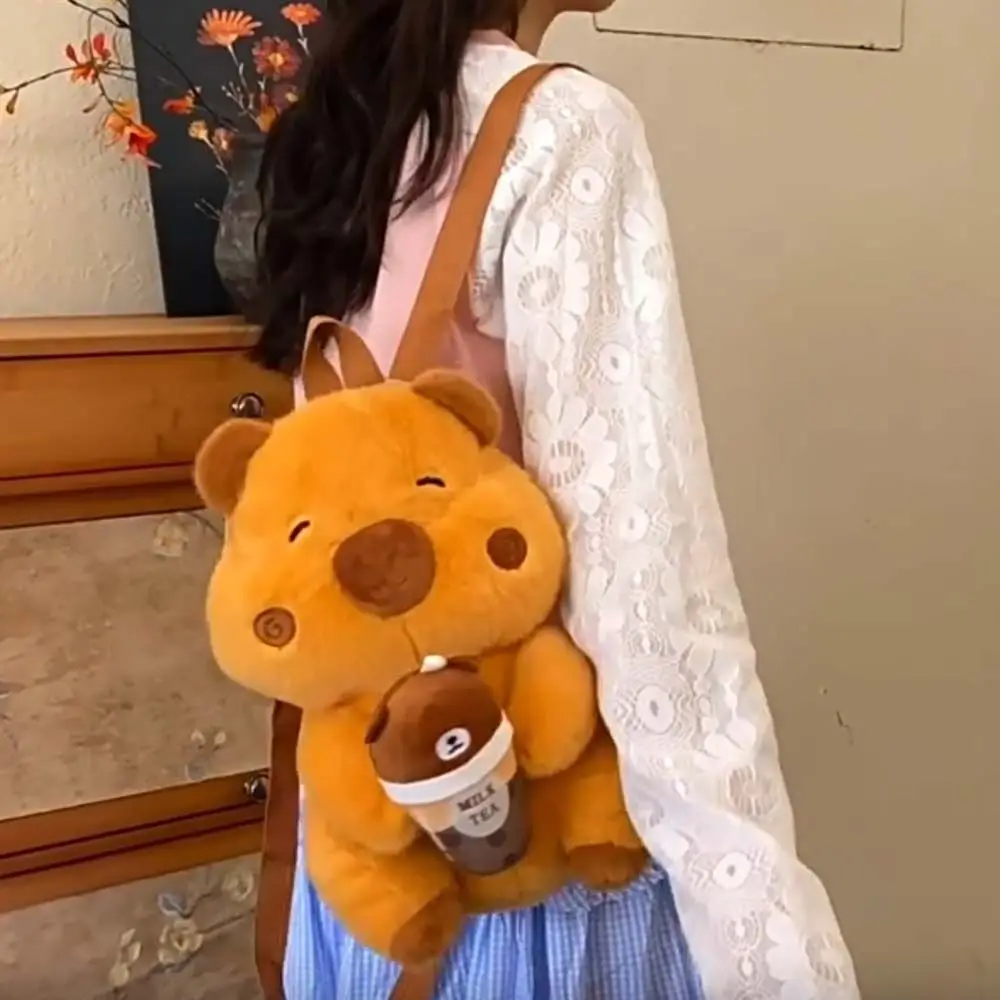 Thickened Cute Capybara Backpack Soft Milk Tea Cup Brown Doll Bag Lightweight Adjustable Straps Cartoon Daypack Daily