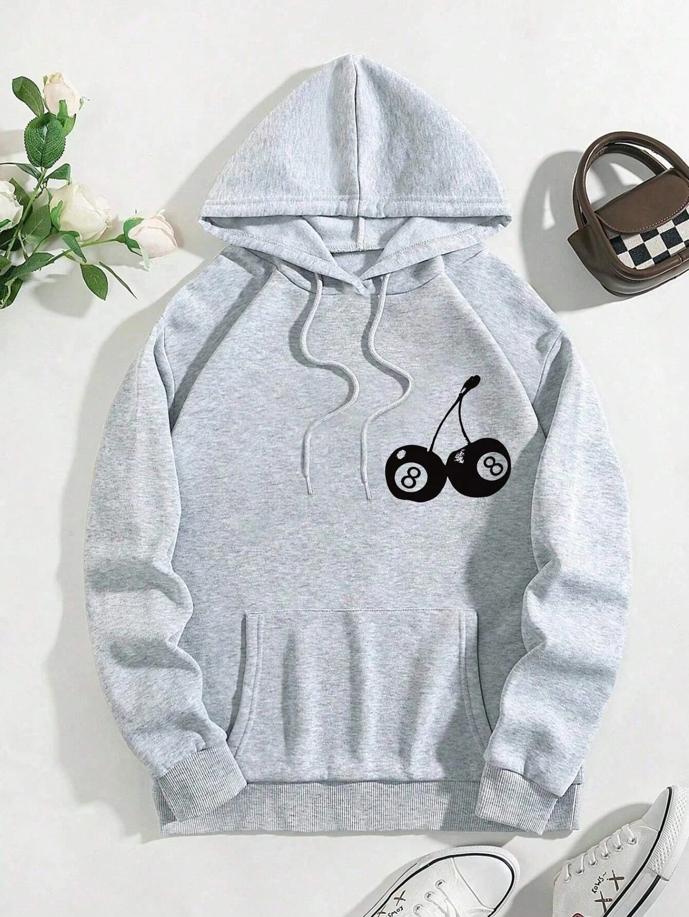 Cherry No. 8 Printing Hoodie Women Autumn Warm Comfortable Hoody Basic Versatile Sweatshirt Fashion Casual Round Neck Hooded