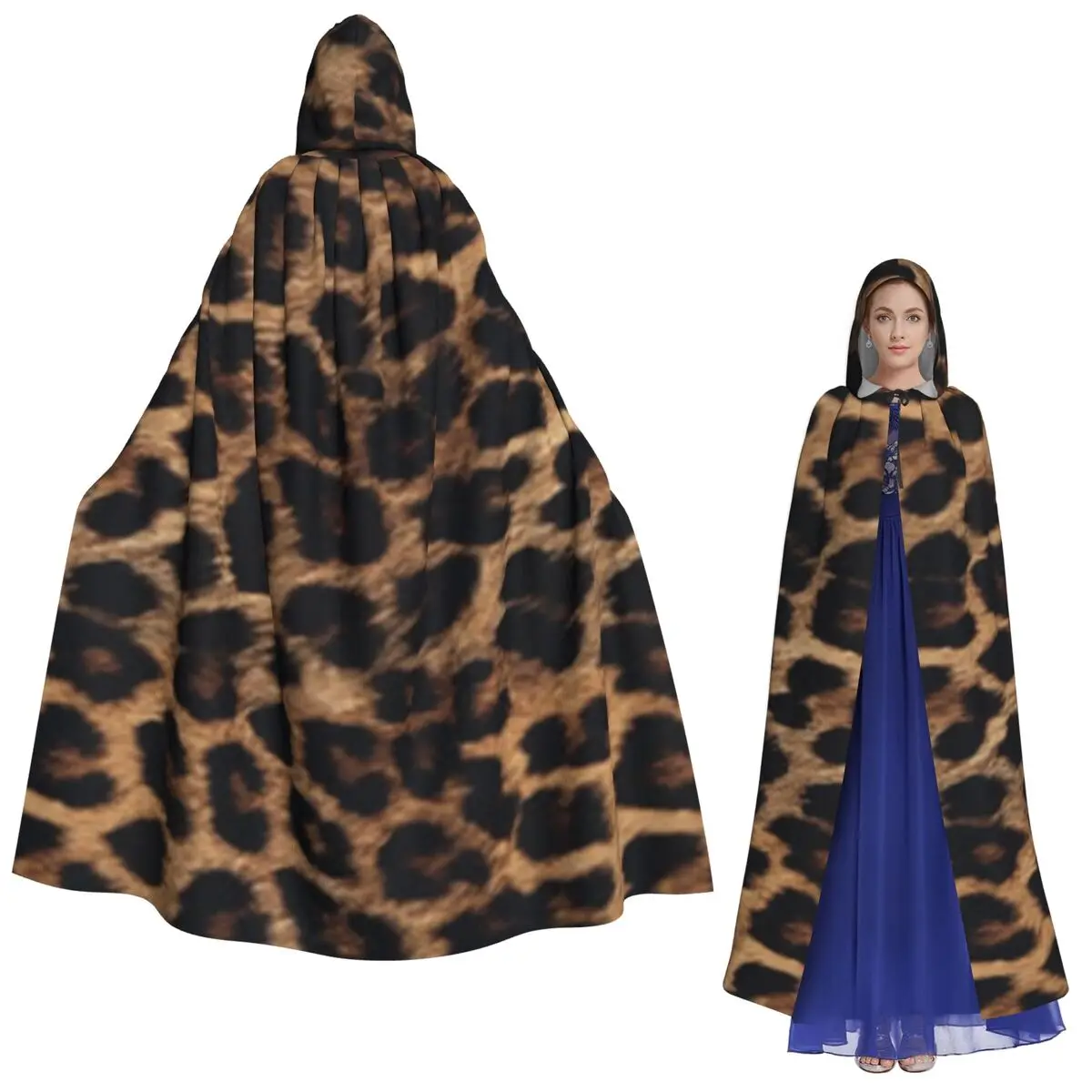 Leopard Print Long Hooded Cloak Witch Medieval Costume Cosplay Cape HalloweenParty Adult Unisex