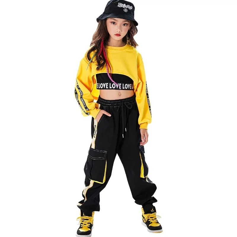 Hip Hop Meisjes Crop Top Contrast Straat Dans Cargo Broek Kinderen Sweatshirt Joggers Kids Streetwear Jazz Kostuums Kleding Sets