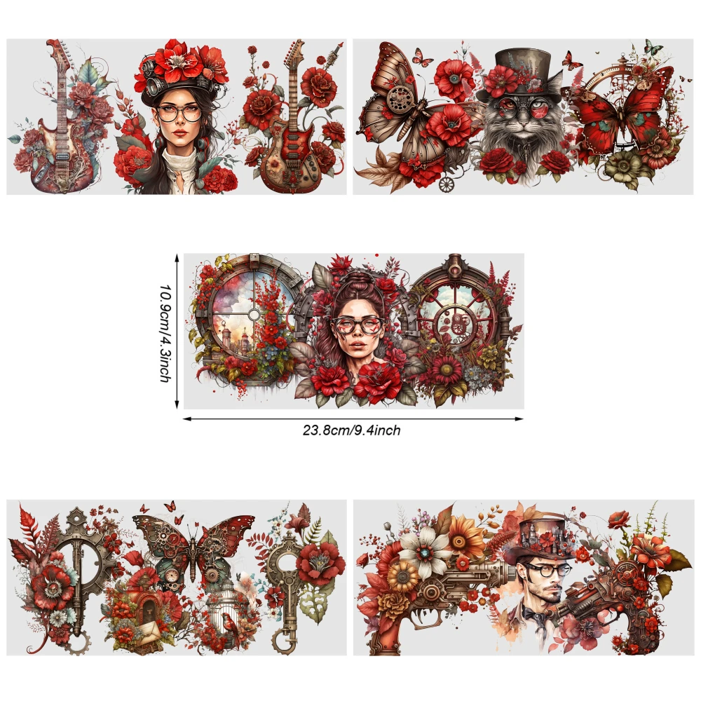 5 Sheets Steampunk Floral Portrait UV DTF Stickers UV DTF Transfer Stickers for Glass Cups Waterproof Decals Mug Decoration
