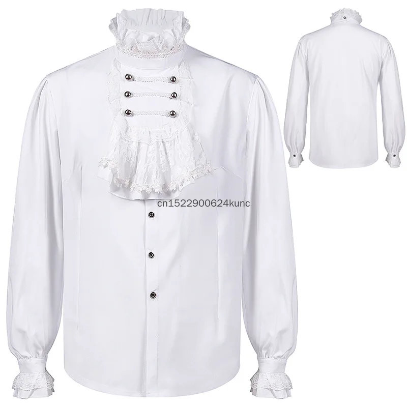 Renaissance Medieval Steampunk Men Shirts Victorian Vintage Lace Ruffles Stand Collar Puff Sleeve Blouses Halloween Prince Tops
