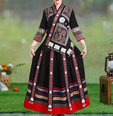 Chinese Flok Miao Dance Dress Women Hmongb Black Stage