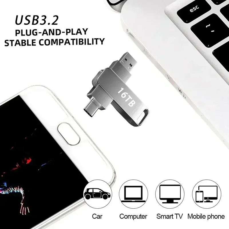 New 64TB USB 3.2 Flash Drive High Speed 2TB USB Transfer Type-C 2-In-1 16TB OTG Pendrive Waterproof Mental U Disk For PC Phone