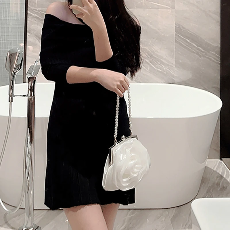 Women Pearl Chain Single Shoulder Bags Ladies Luxury White Flower Clutch Bag Pursh Female Evening Party Wedding Handbags XA884H