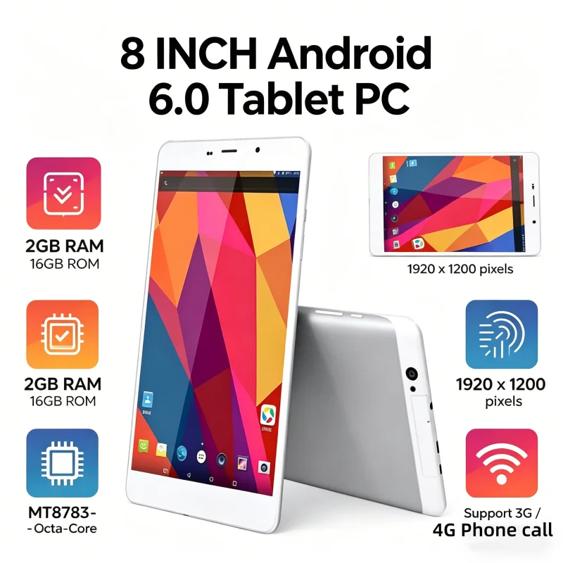 Tablet PC de 8 pulgadas T8 con 2GB de RAM + 16GB de ROM EMMC, Android 6.0, 3G, 1920 x 1200 píxeles, MT8783 - Octa-Core 1.4GHz, compatible con llamadas telefónicas 3G/4G