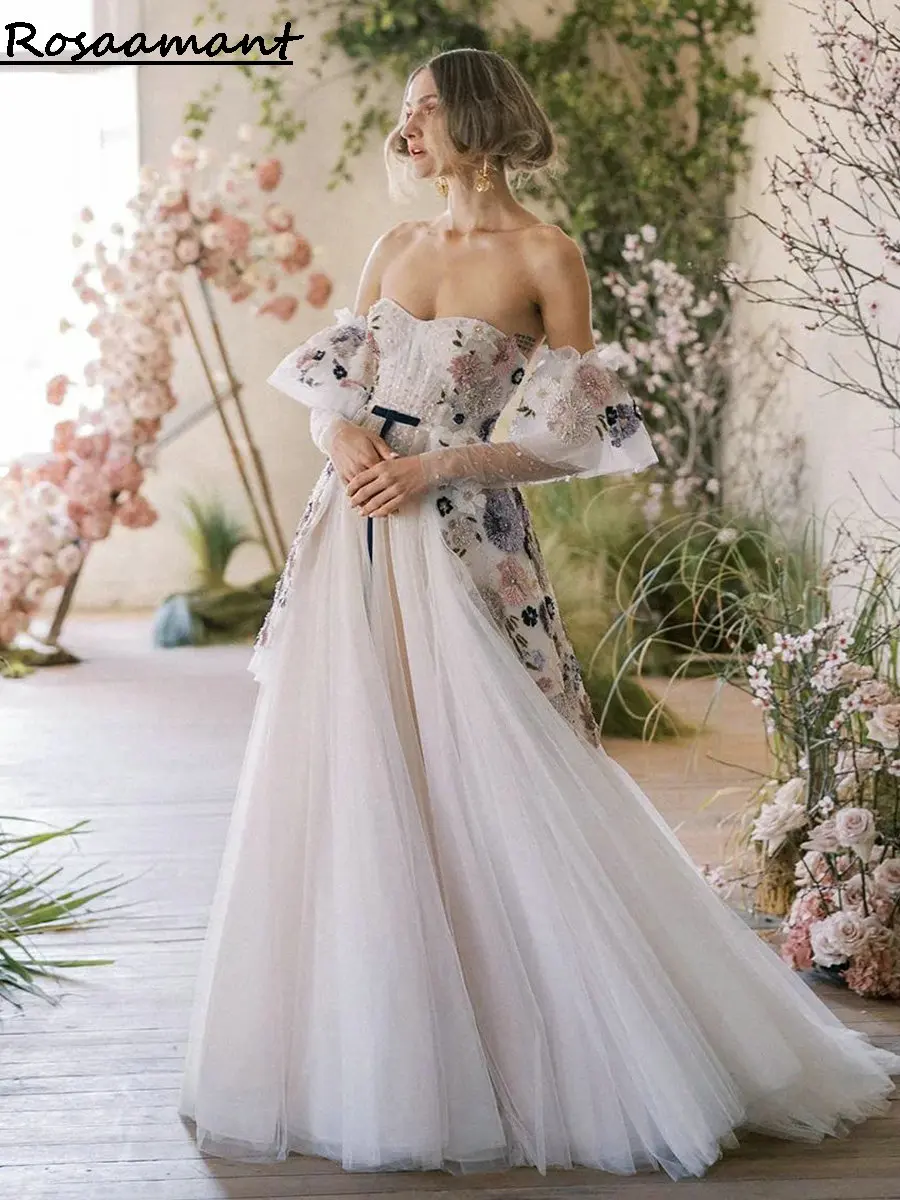 Vestidos De Casamento De Manga Destacável De Luxo, Babados, Plissado A-Line, Lantejoulas Coloridas, Laço Floral 3D, Vestidos De Noiva