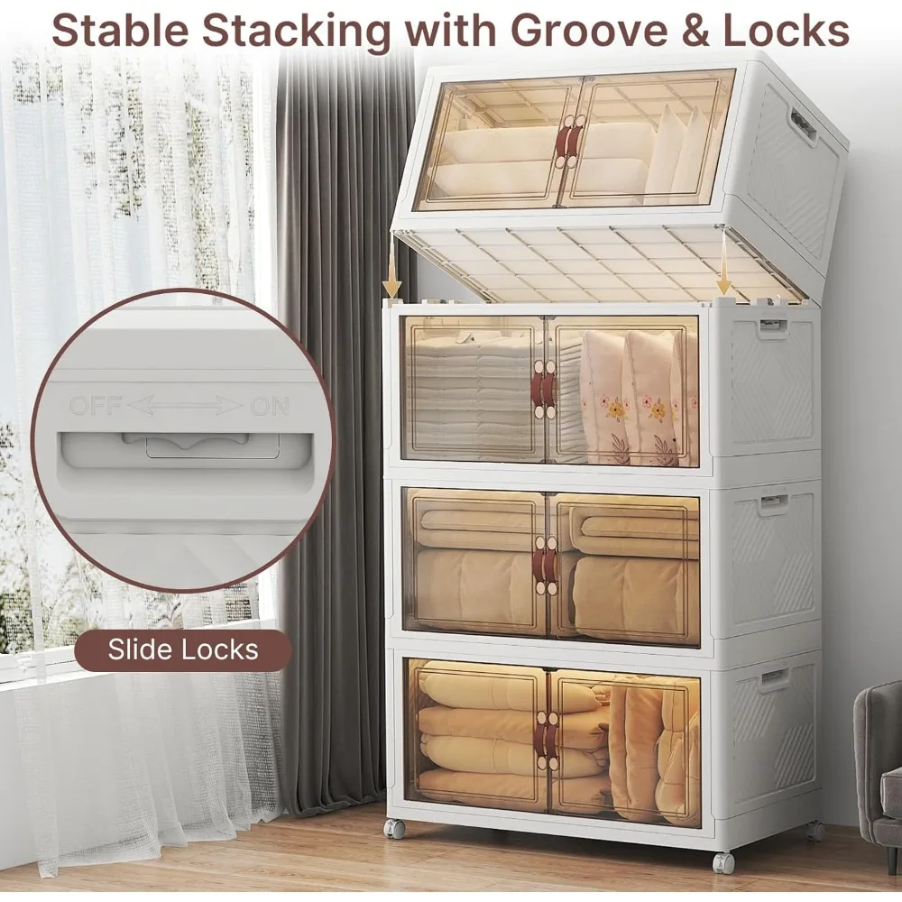 صناديق تخزين قابلة للتكديس ذات سعة كبيرة مع أغطية وعجلات وأبواب، 640-160 كوارت/40 جالون، 4 عبوات من منظمات خزانة قابلة للطي