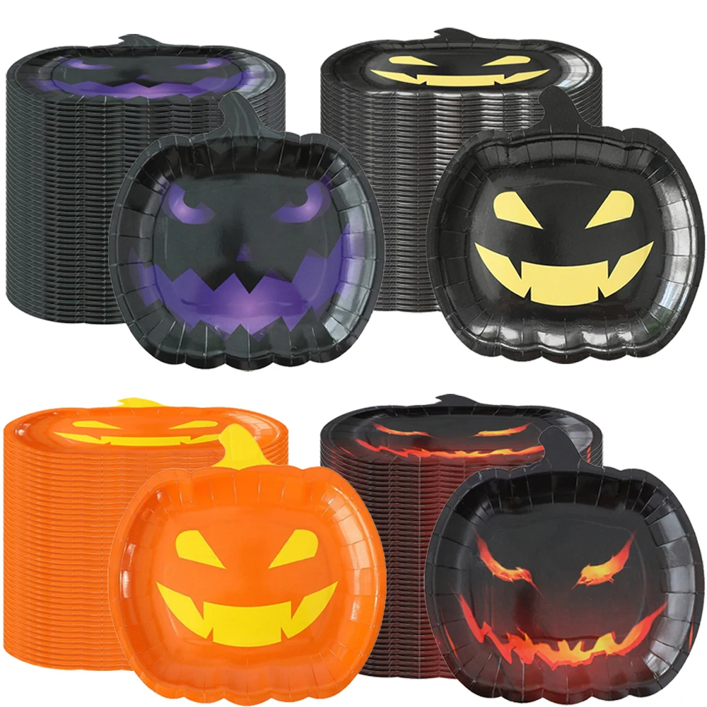 10-50 stücke 7'' Halloween Kürbis Pappteller Schwarz Orange Smiley Kürbis Form Einwegteller Snack Obstteller Party Supplies