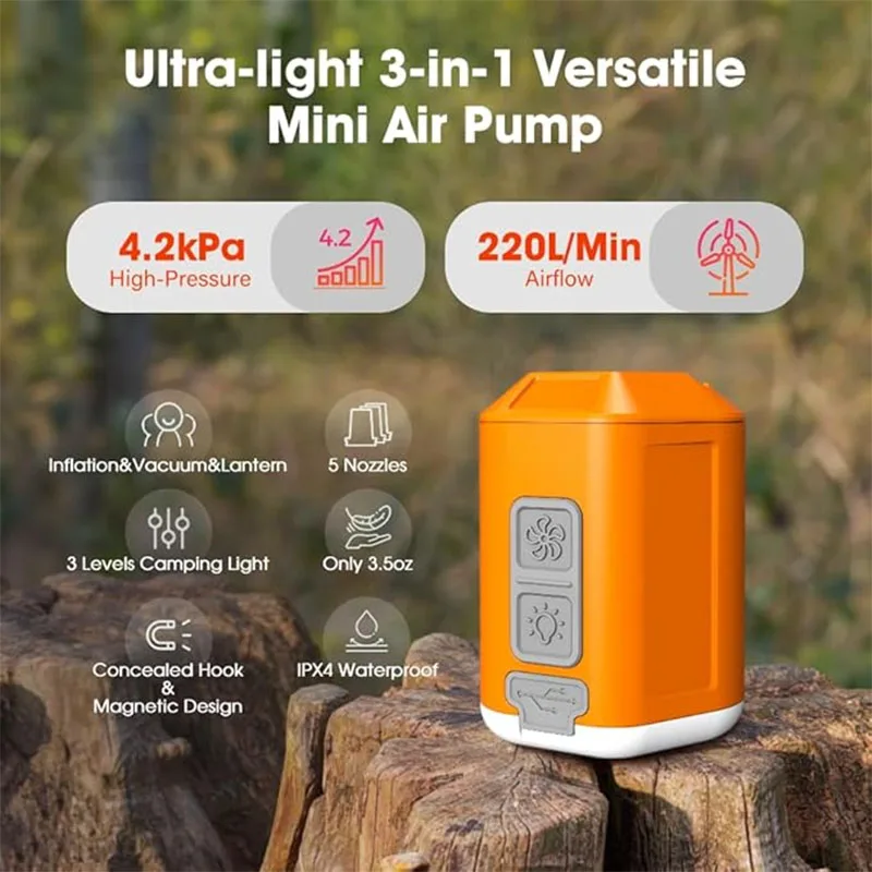 GIGA Pump 4 Mini Air Pump 4.2kPa with Camping Lantern Portable Air Pump Vacuum Pump Electric Inflation Mini Air