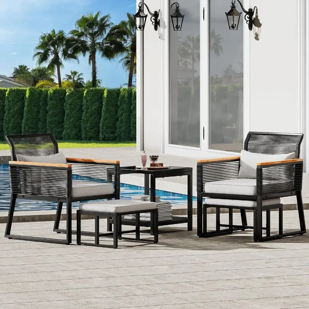 Set furnitur teras 5 potong, Set furnitur anyaman, bagian percakapan luar ruangan dengan Ottoman untuk tepi kolam halaman belakang, taman (hitam)