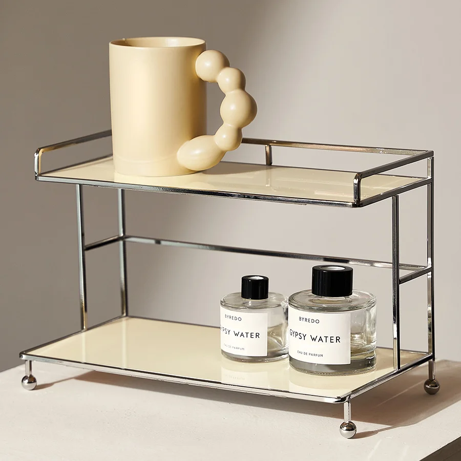 

Modern Luxury Style Black Acrylic Cosmetic Storage Rack Desktop Skin Care Products Metallic Silver Home Office Storage
