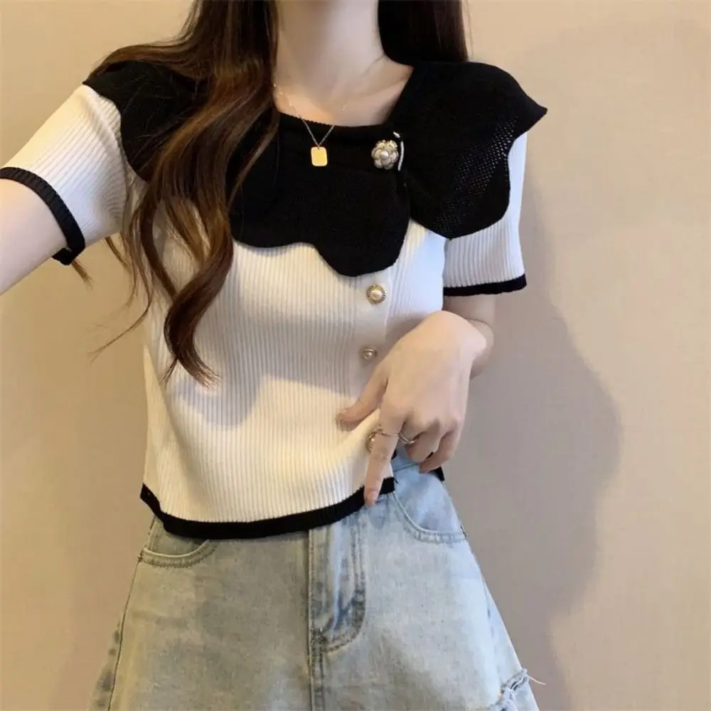 Mode O-hals geruit gebreid T-shirt met bloemenknoop, kort, slank, cropped top, dames top, streetwear, kort gebreid vest, strandkleding