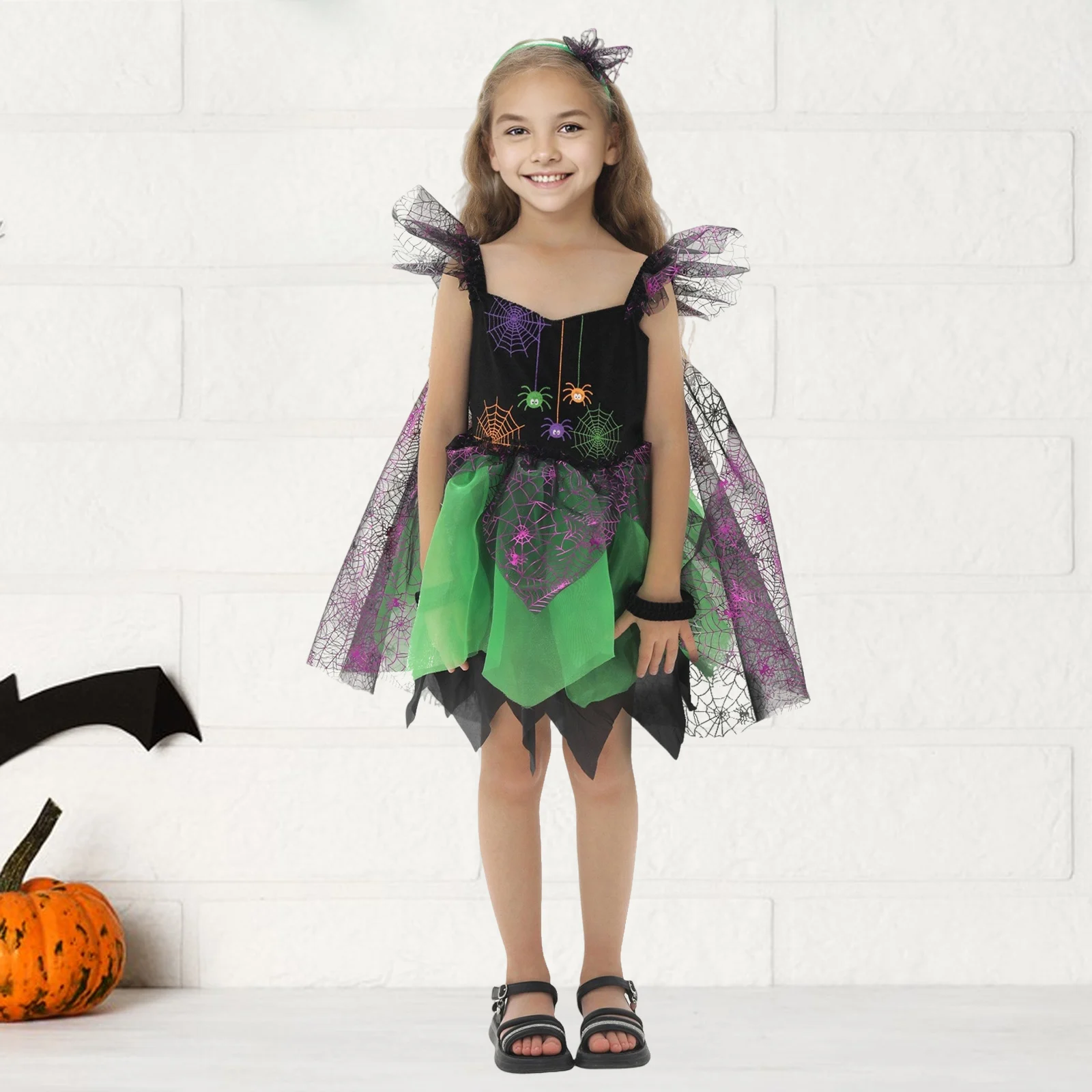 فستان فتاة الهالوين الساحرة بأكمام طائرة وطباعة شبكة العنكبوت من التول مع عصابة رأس ملابس تنكرية